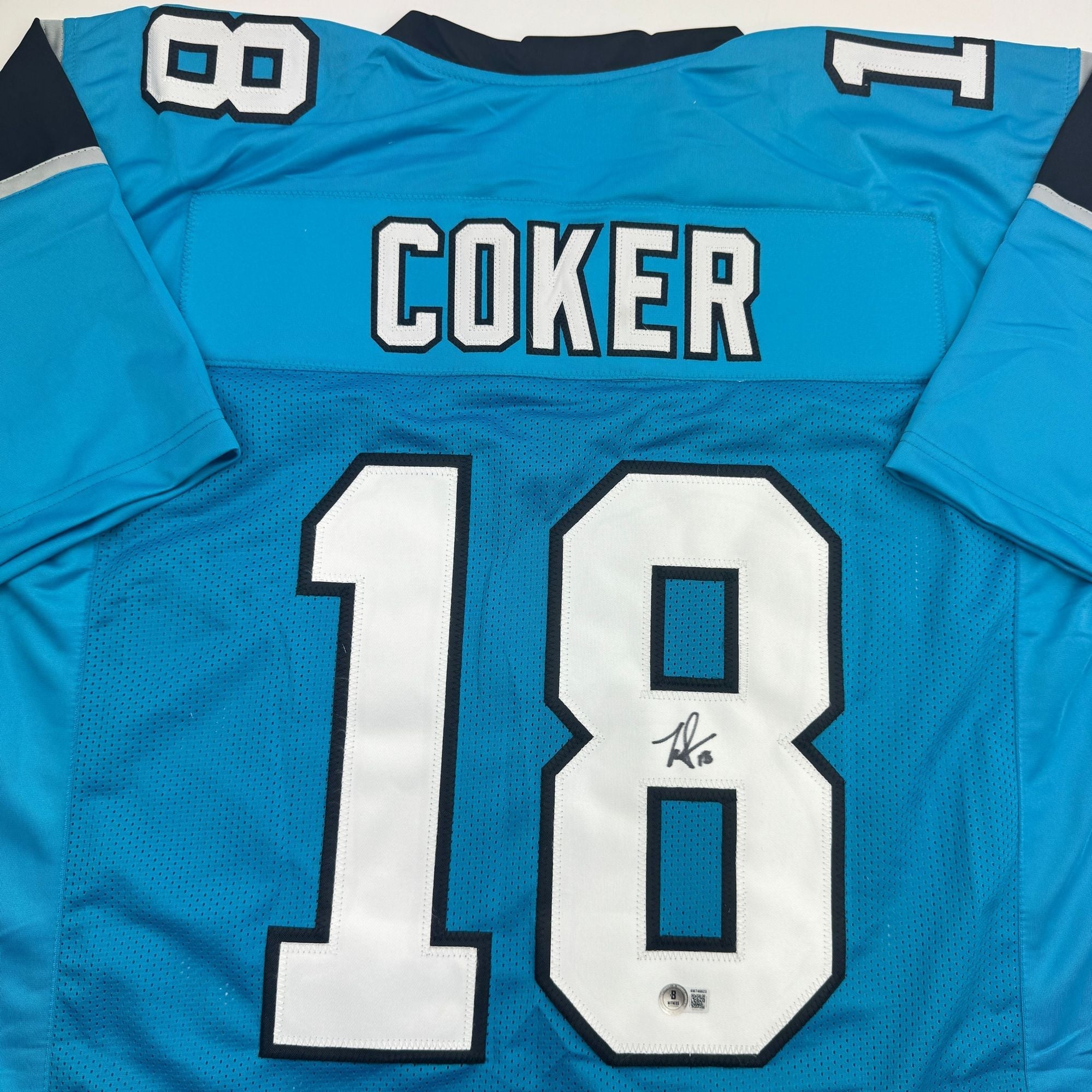 Autographed/Signed Jalen Coker Carolina Blue Football Jersey Beckett BAS COA