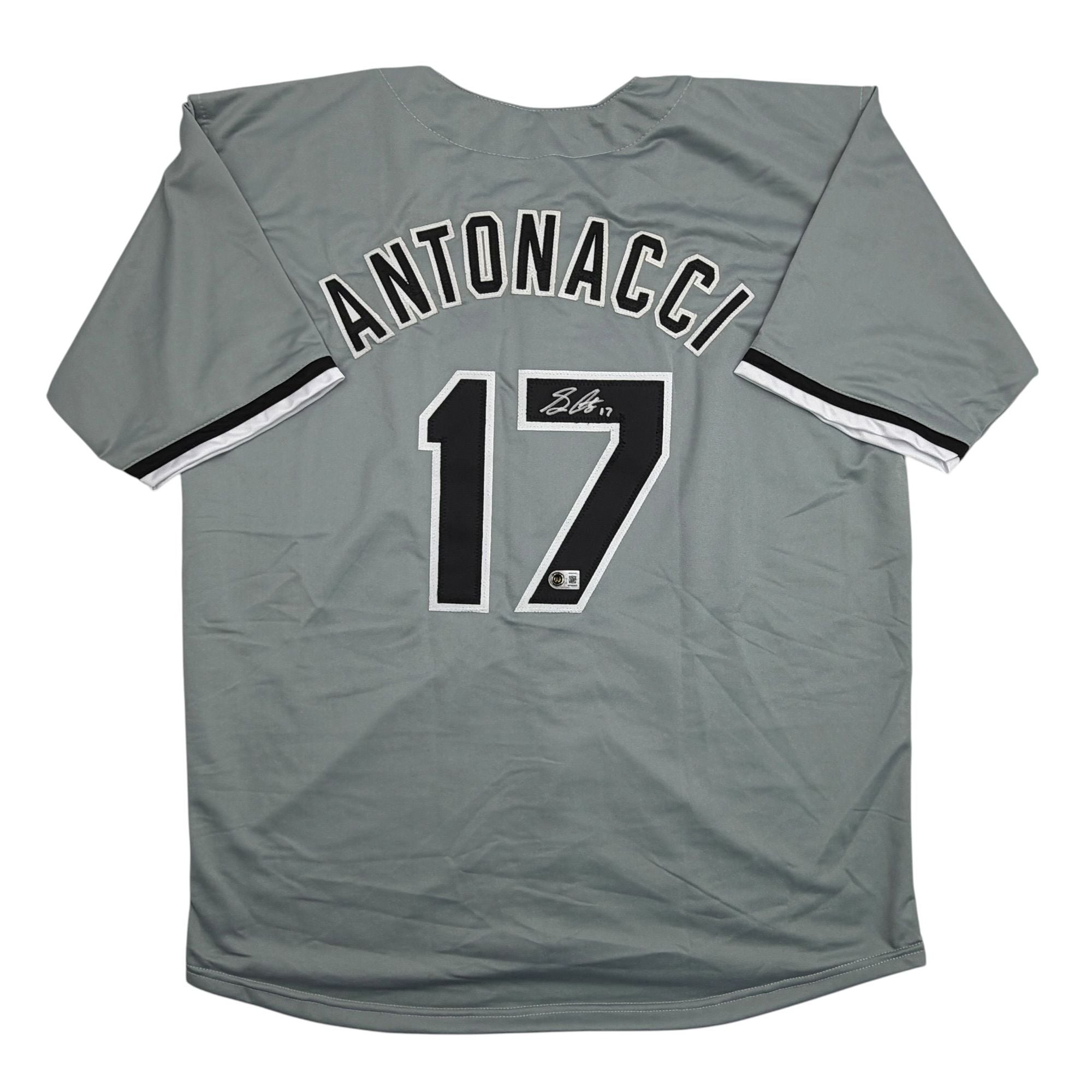 Autographed/Signed Sam Antonacci Chicago Grey Baseball Jersey Beckett BAS COA