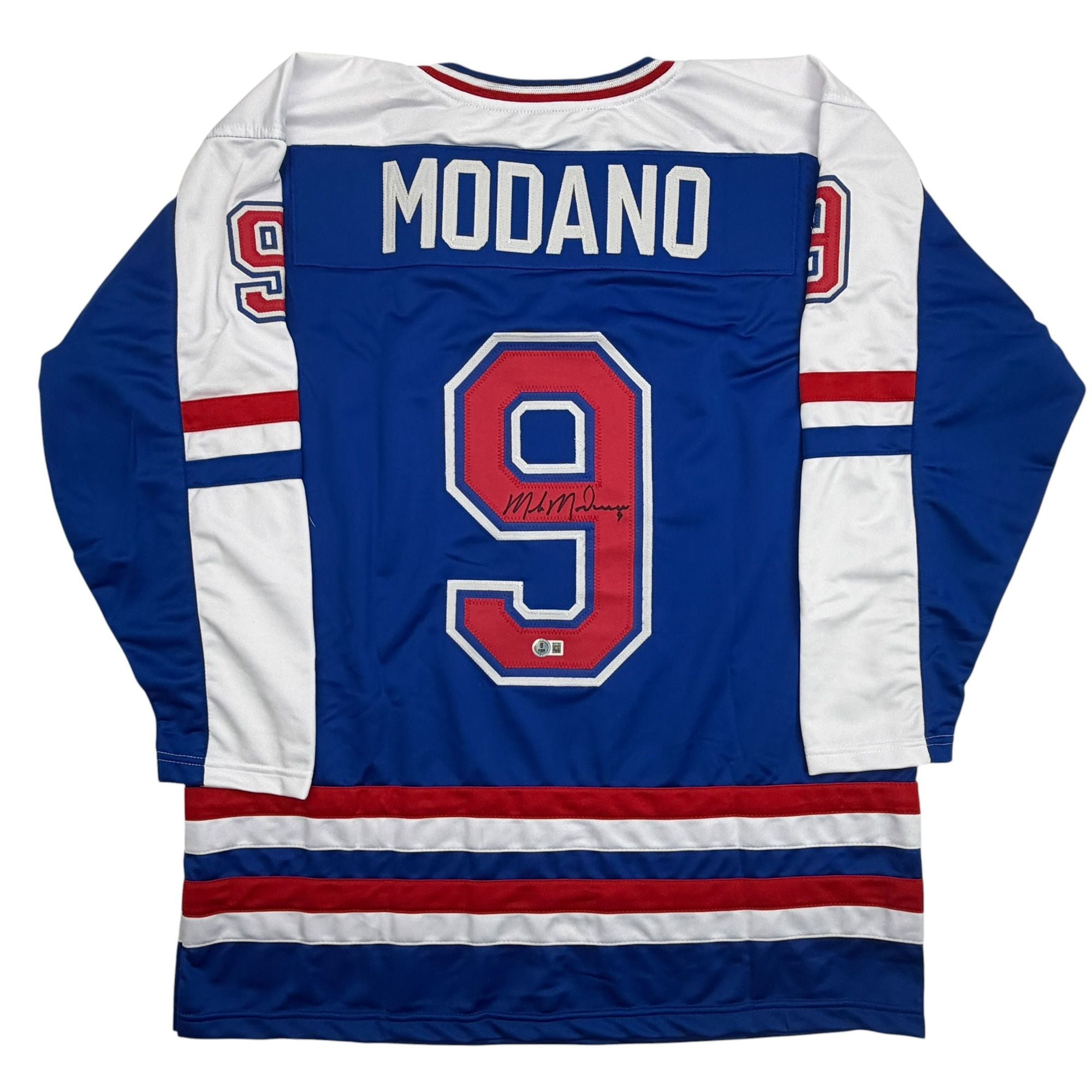 Autographed/Signed Mike Modano Team USA Blue Hockey Jersey Beckett BAS COA