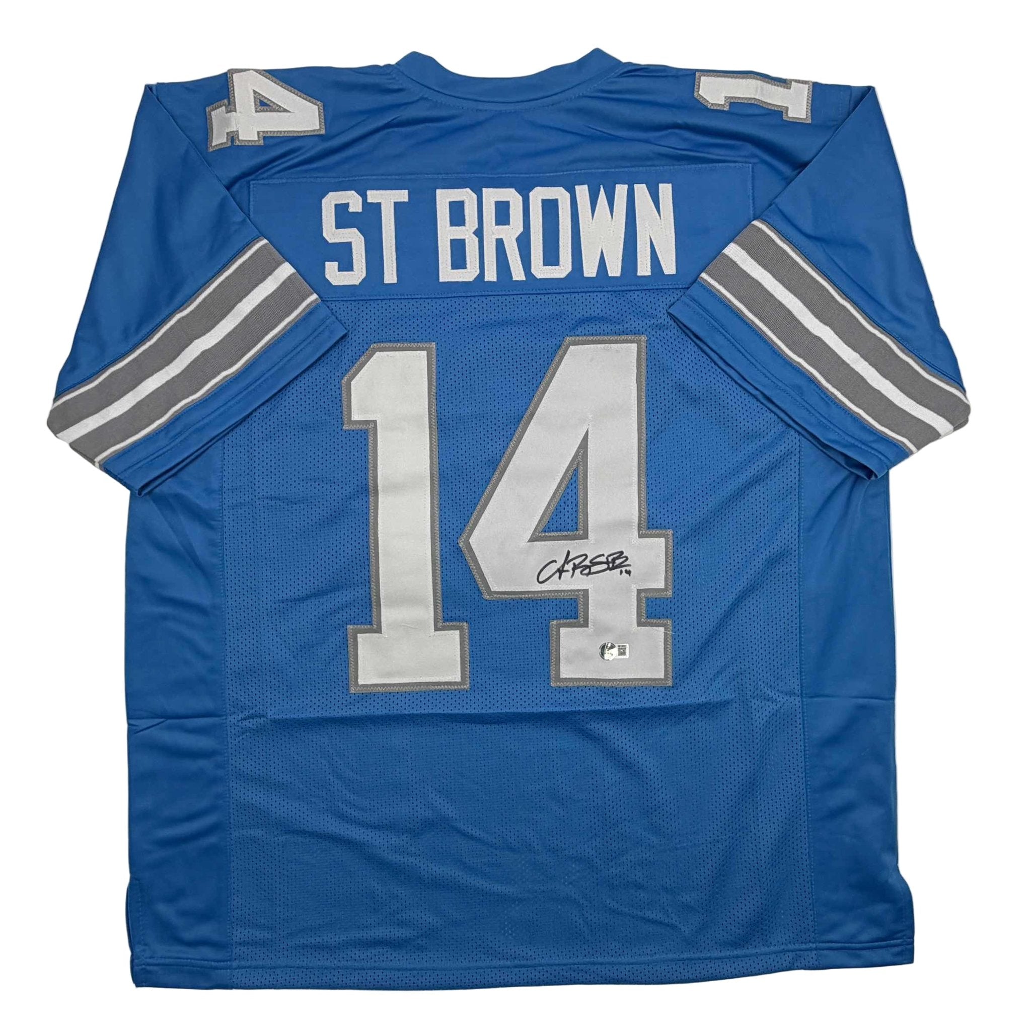 Autographed/Signed Amon-Ra St. Brown Detroit Current Blue Football Jersey Beckett BAS COA