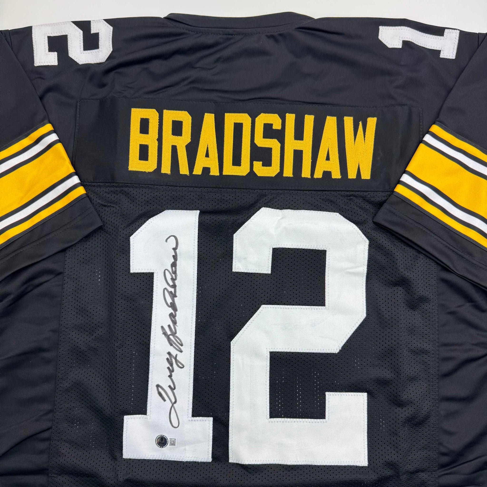 Autographed/Signed Terry Bradshaw Pittsburgh Black Football Jersey Beckett BAS COA