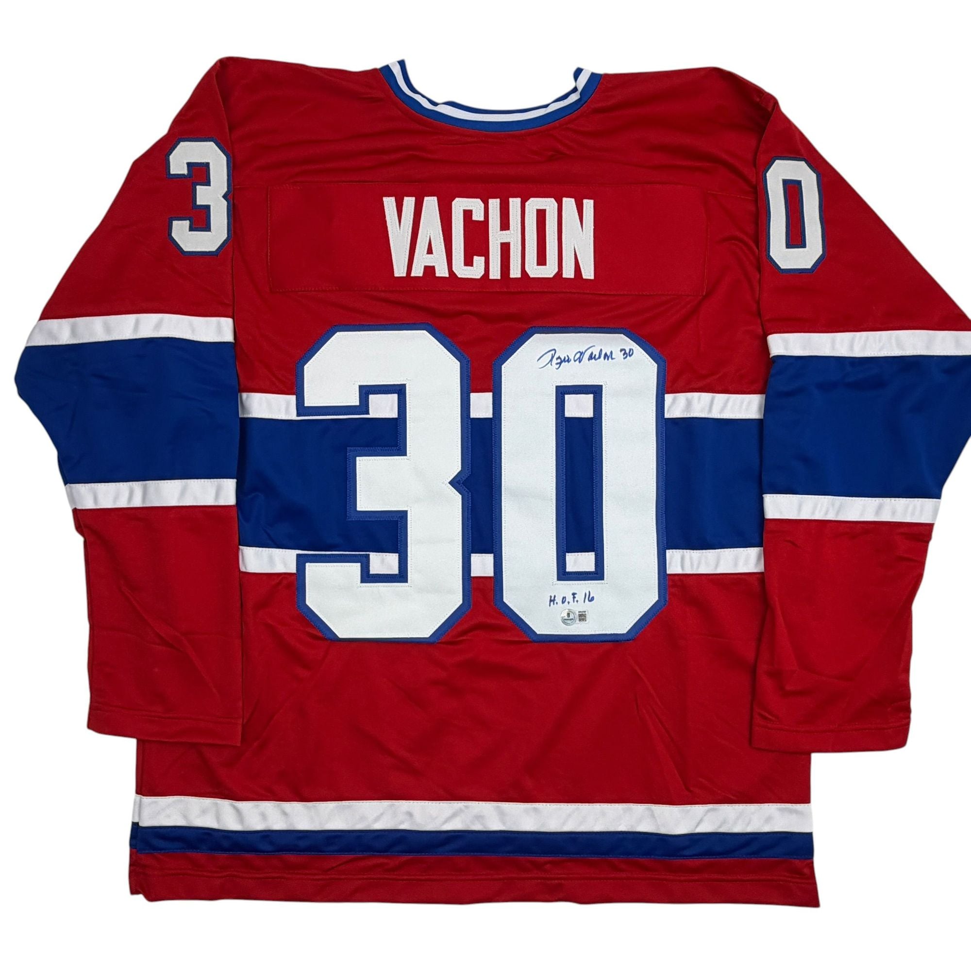 Autographed/Signed Rogie Vachon Montreal Red Hockey Jersey Beckett BAS COA