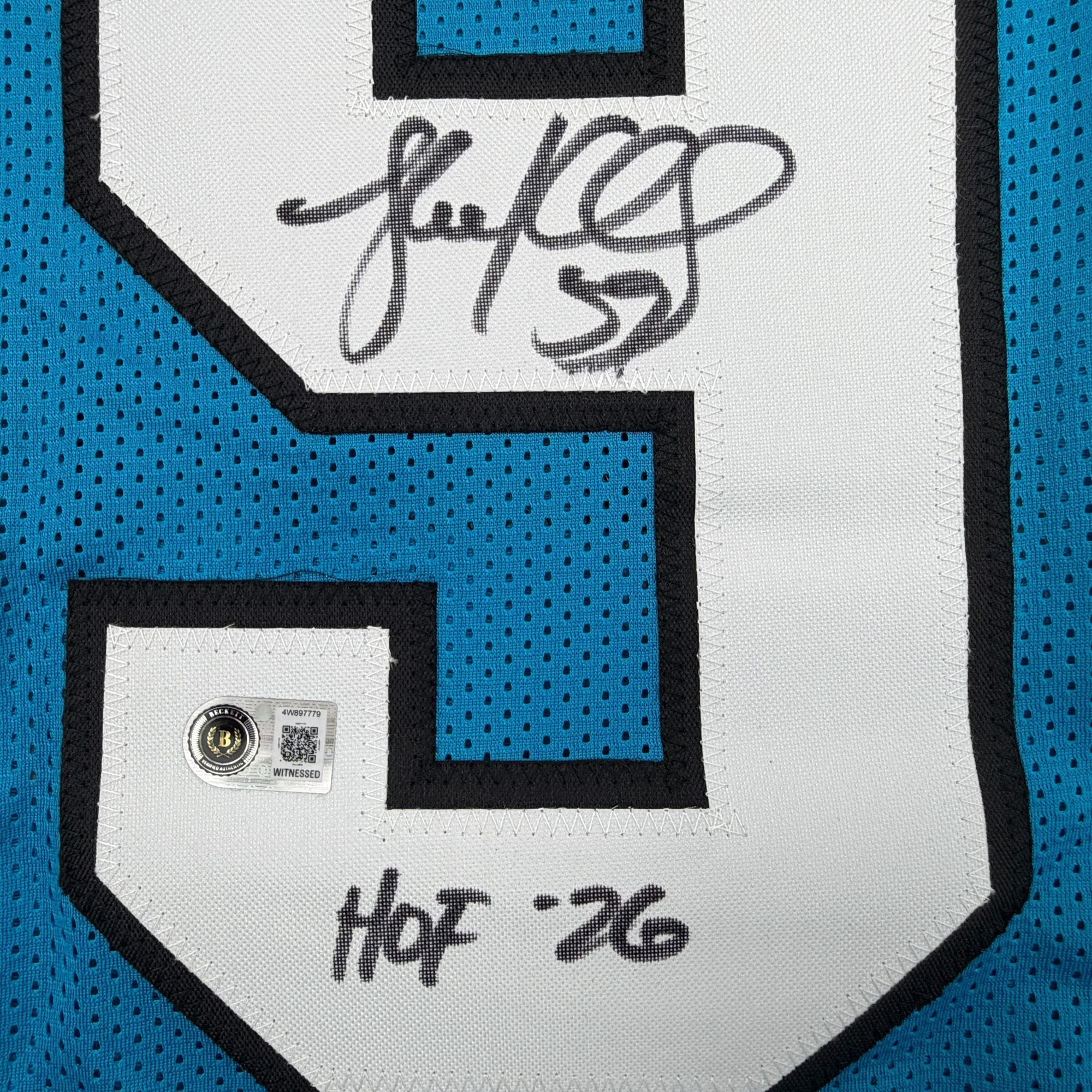 Autographed/Signed Luke Kuechly HOF 26 Carolina Blue Football Jersey Beckett BAS COA