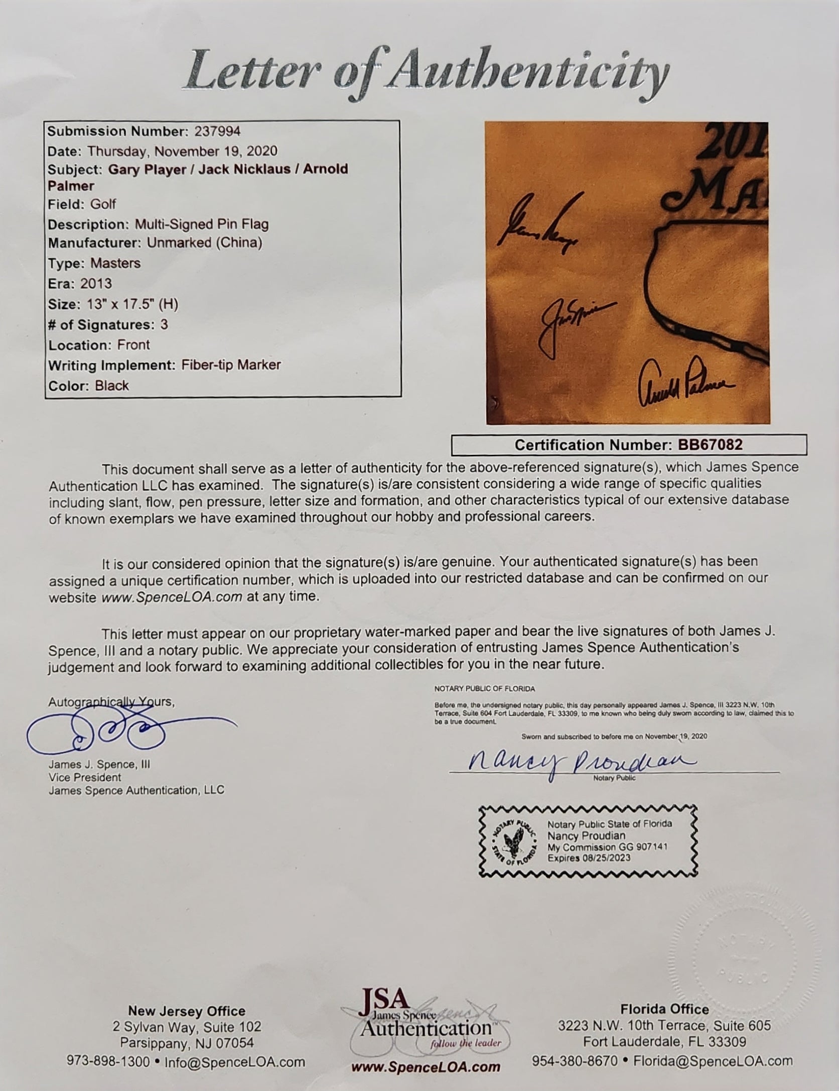 Jack Nicklaus, Arnold Palmer and Gary Player Autographed Masters Golf Pin Flag - JSA Full Letter
