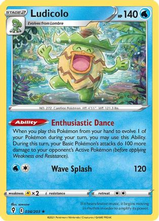 Ludicolo 034/203 - SWSH07 Evolving Skies Reverse Holofoil