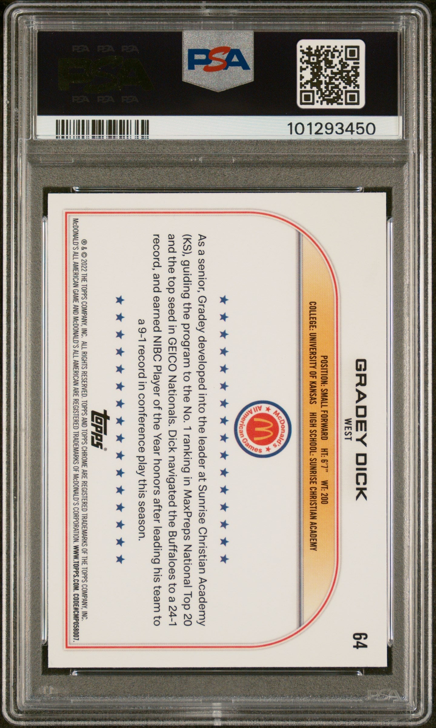 Gradey Dick 2022 Topps Chrome Mcdonald'S All-American #64 Raywave PSA 10
