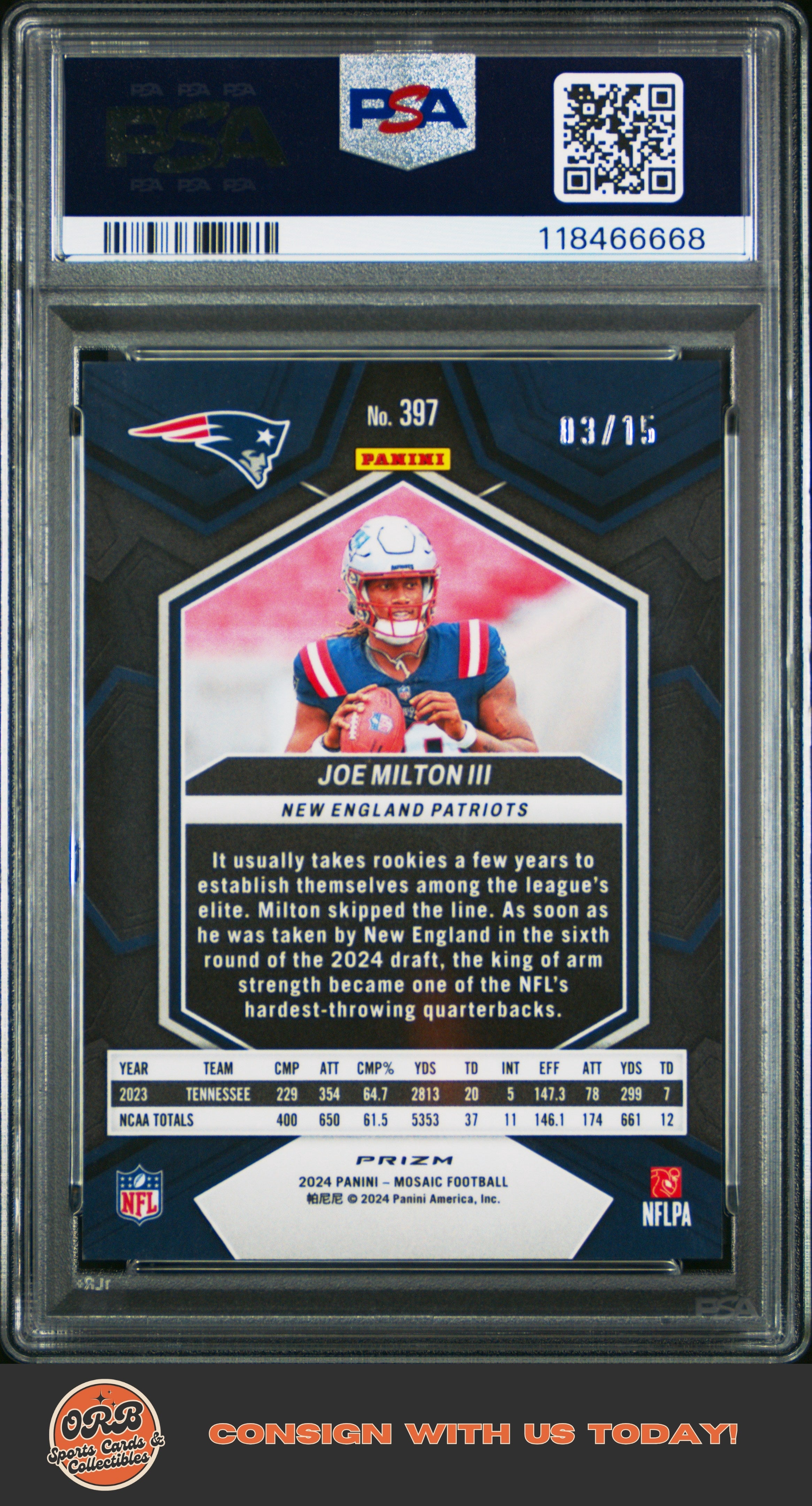 Joe Milton Iii 2024 Panini Mosaic #397 Blue Fluorescent PSA 9 #/15