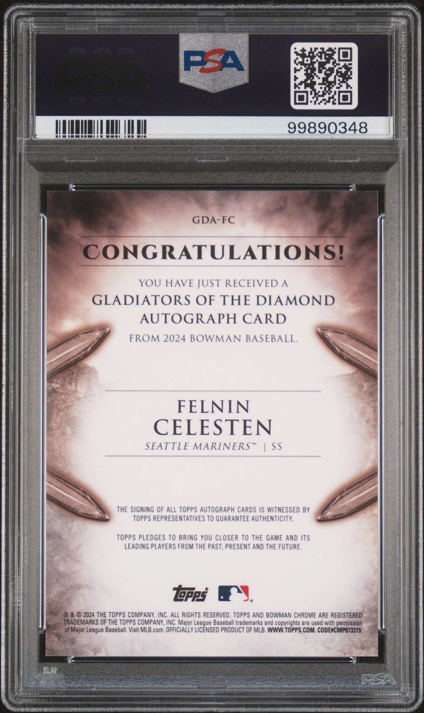Felnin Celesten 2024 Bowman Gladiators Of The Diamond Autographs #GDAFC PSA 9