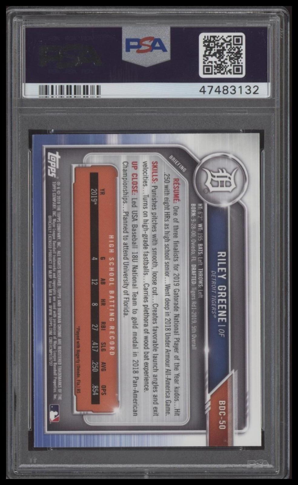 Riley Greene 2019 Bowman Draft #BDC50 Chrome-With Bat PSA 10