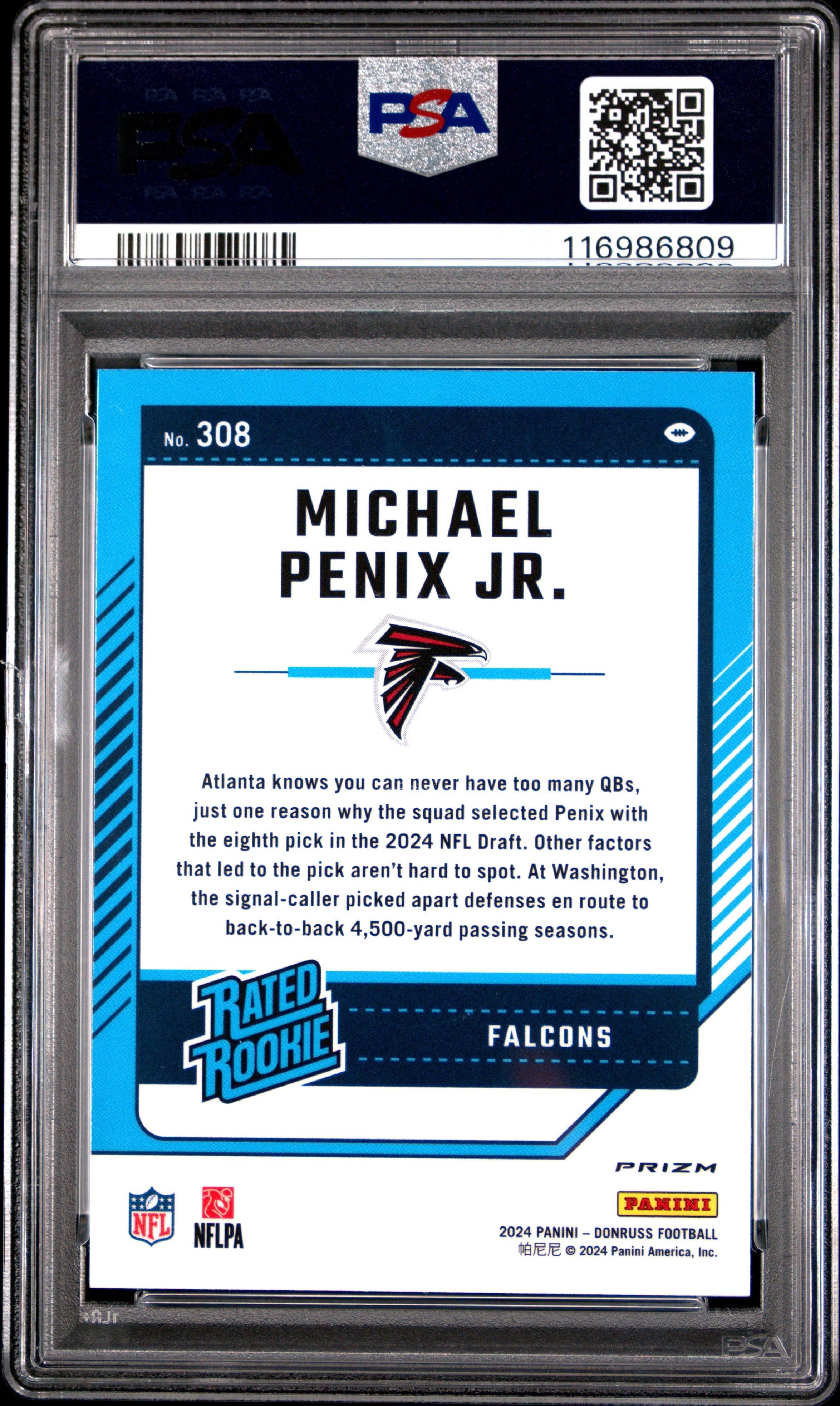 Michael Penix Jr. 2024 Panini Donruss #308 Optic Preview PSA 8