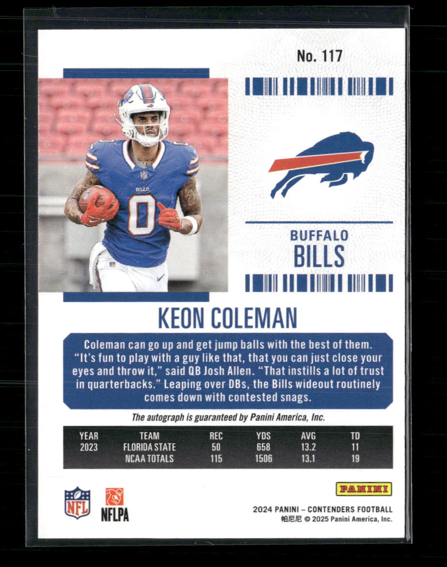 Keon Coleman 2024 Panini Contenders #117 Divisional Ticket #57/99