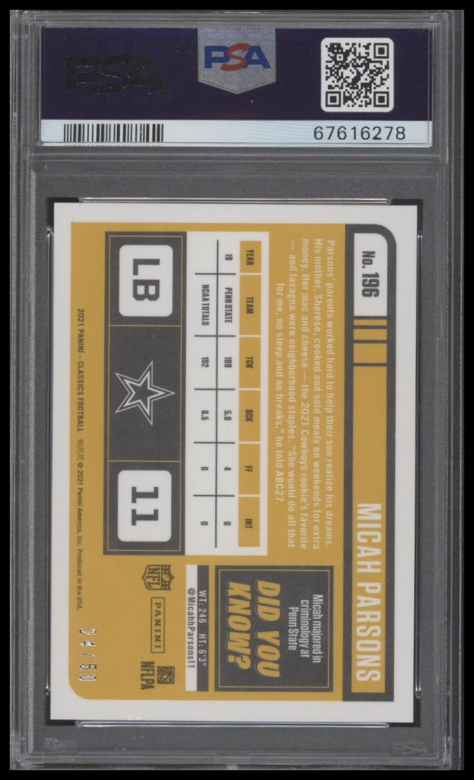 Micah Parsons 2021 Panini Classics #196 Timeless Tributes Purple PSA 10