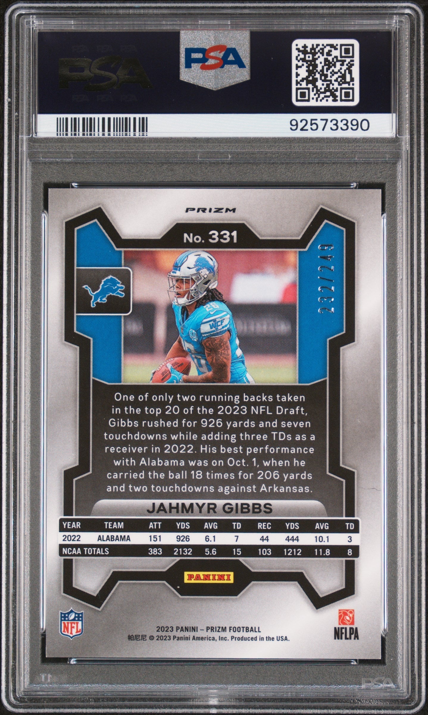 Jahmyr Gibbs 2023 Panini Prizm #331 Orange Prizm PSA 10