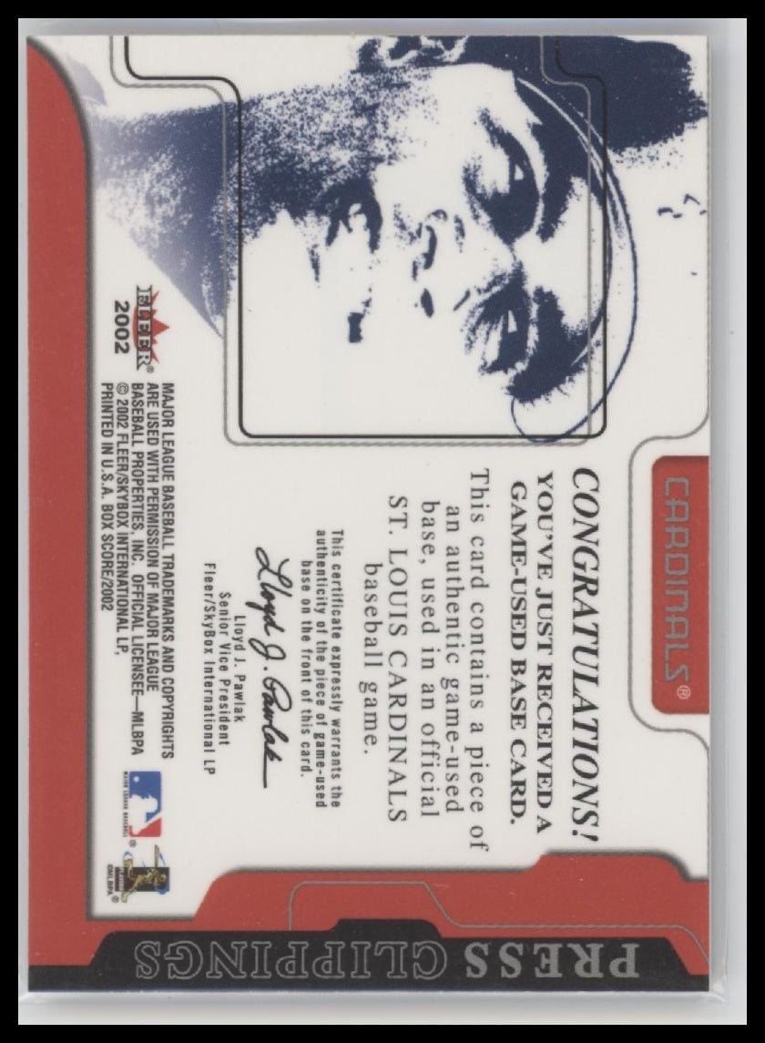 Albert Pujols 2002 Fleer Box Score #NNO Press Clippings Game Used