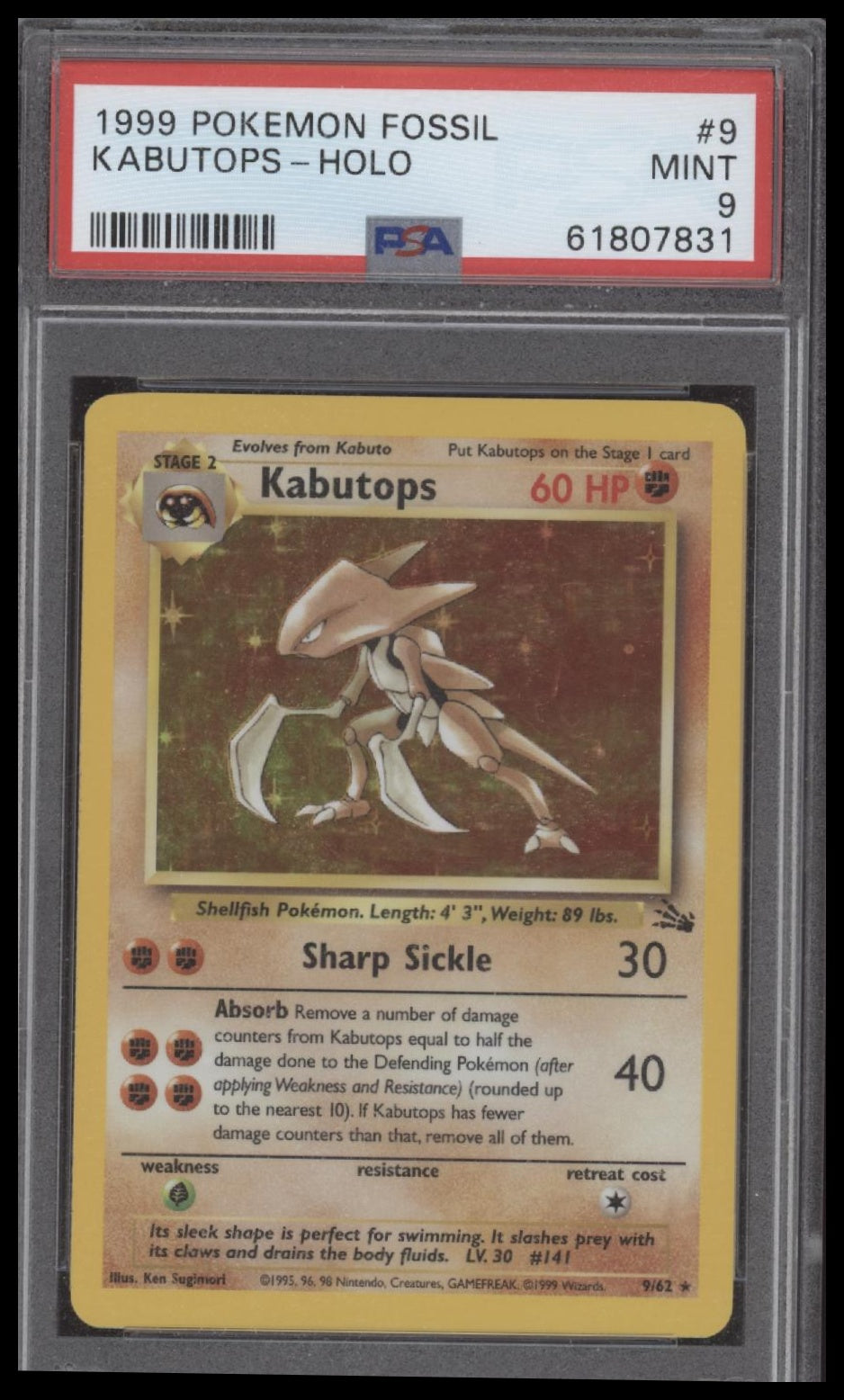 1999 Pokemon Fossil Kabutops - Holo 9 PSA #9, image size:938x1556
