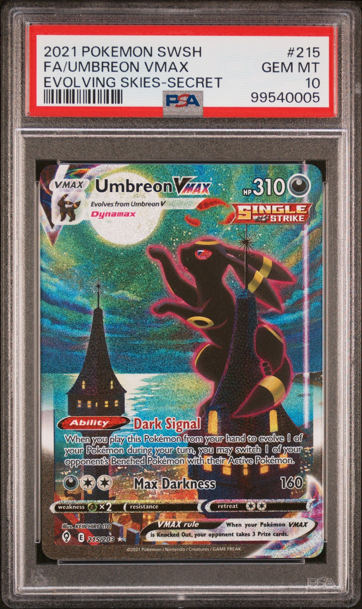2021 Pokemon Sword & Shield Evolving Skies-Secret Fa/Umbreon Vmax 10 PSA #215
