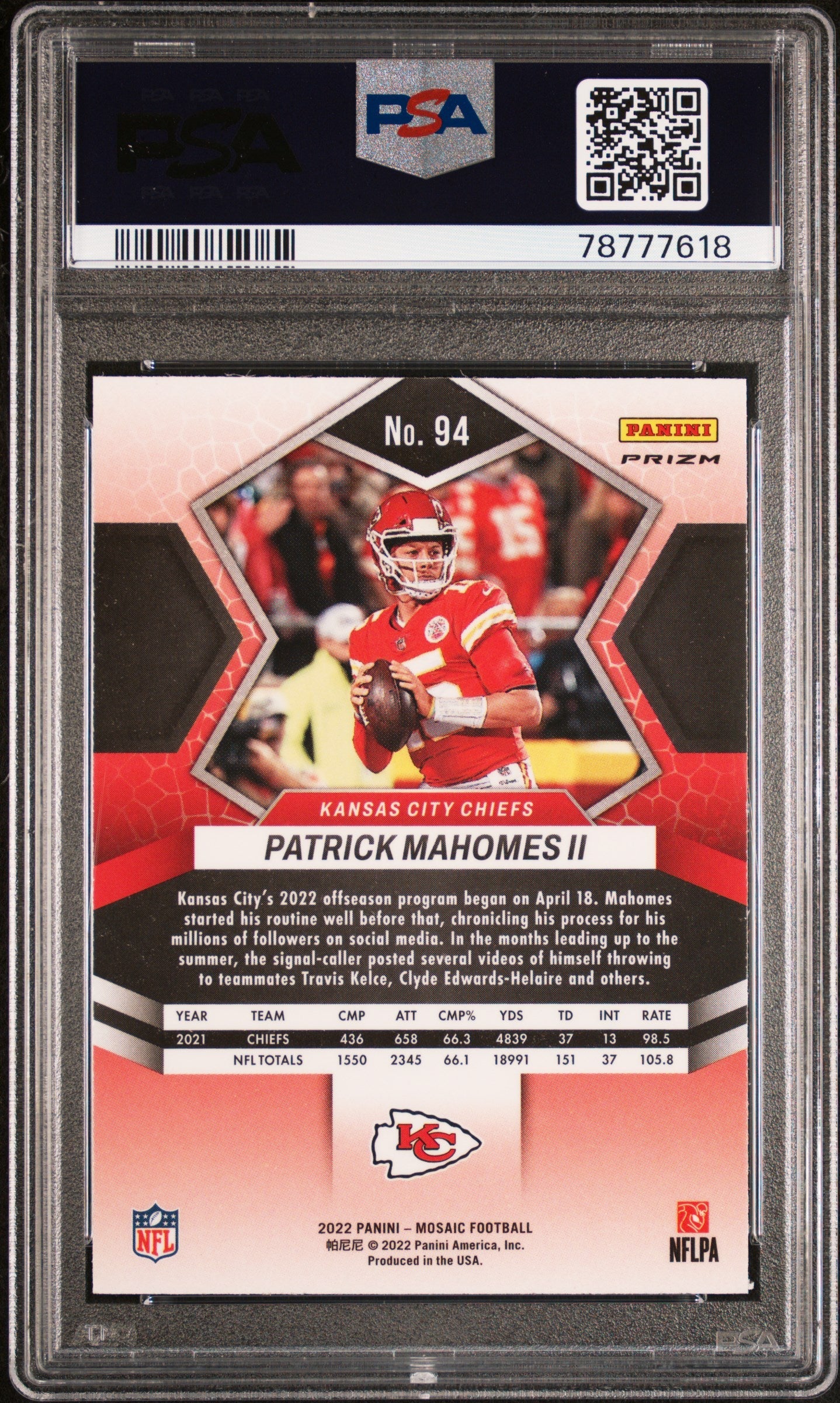 2022 Panini Mosaic Reactive Orange Patrick Mahomes Ii 10 PSA #94