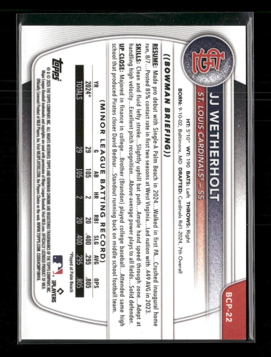 2025 Bowman Chrome Prospects Purple Raywave Refractor JJ Wetherholt #/250