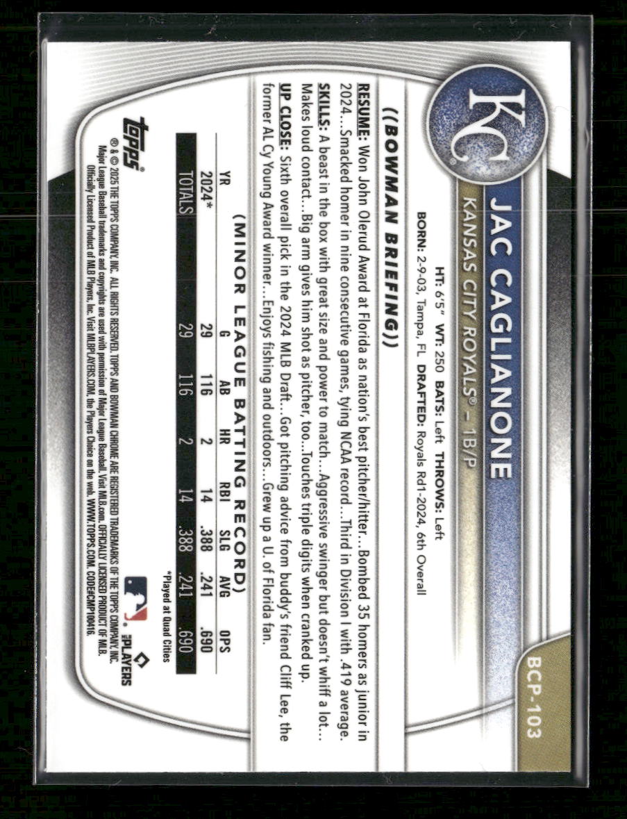 2025 Bowman Chrome Prospects Speckle Refractor Jac Caglianone #/299 #BCP-103