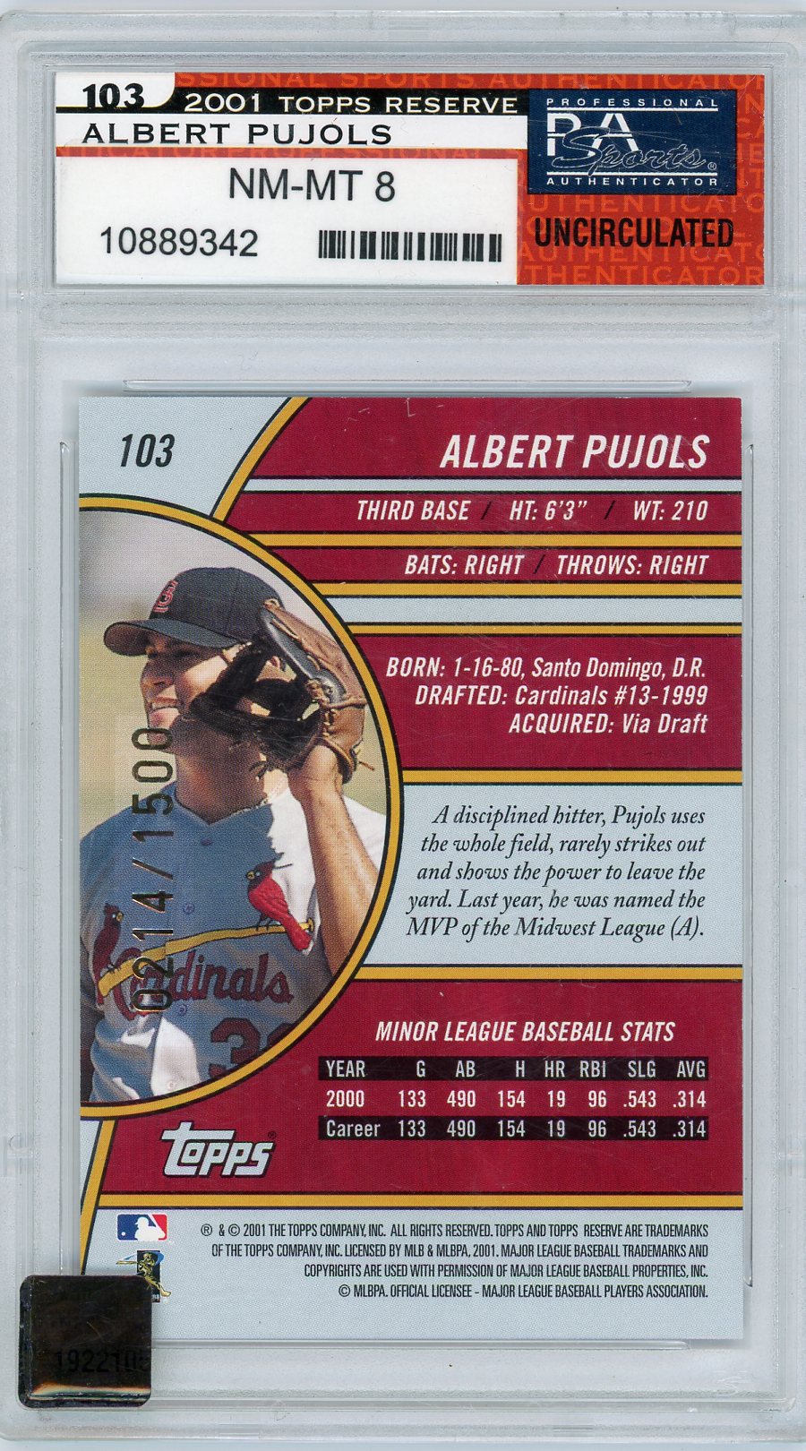 2001 Topps Reserve Albert Pujols Rookie Auto /1500 PSA 8 #103