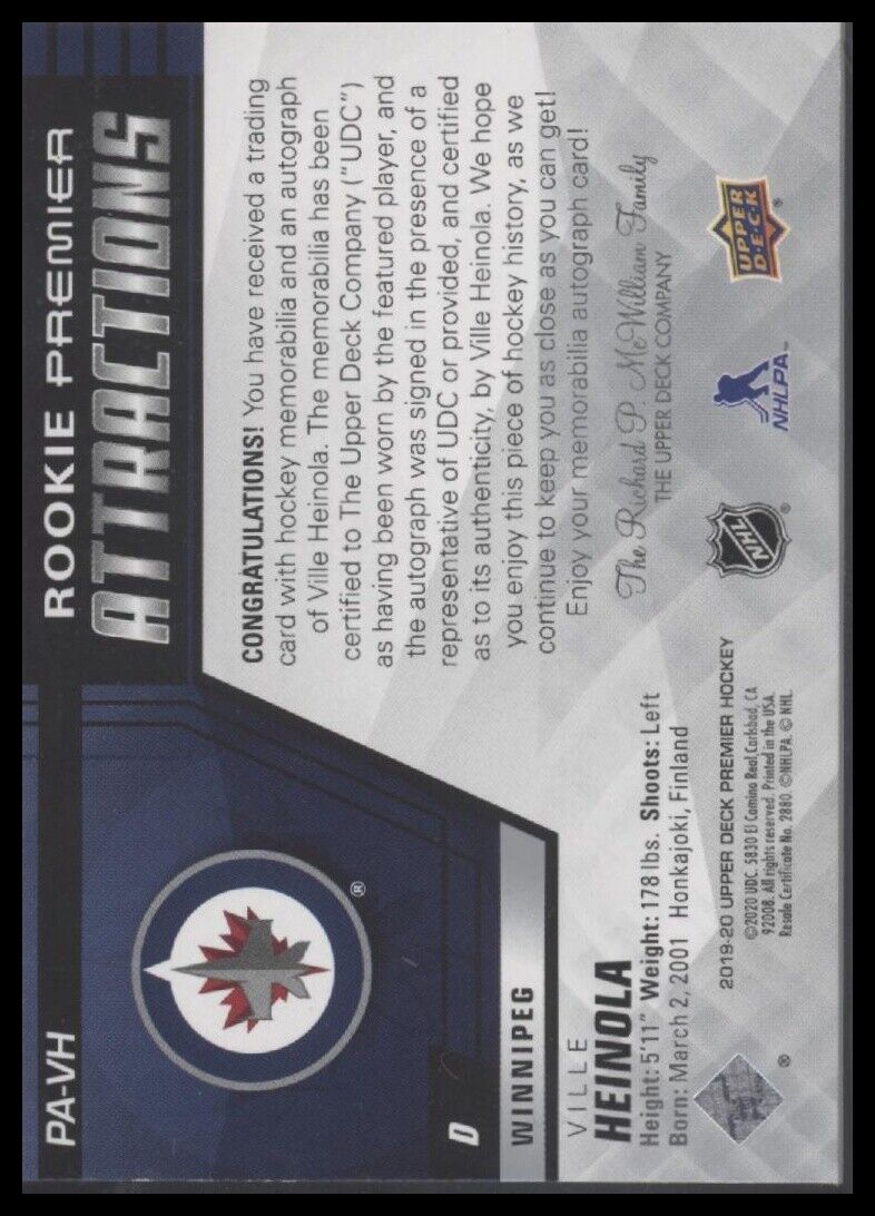 2019-20 Upper Deck Premier Ville Heinola Rookie Patch Auto
