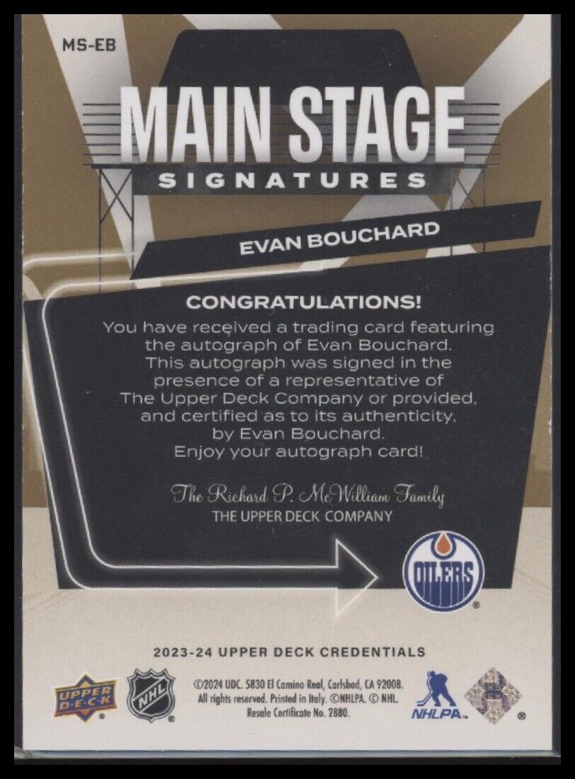 2023-24 U.D. Credentials #MS-EB Evan Bouchard Main Stage Signatures Gold #/25