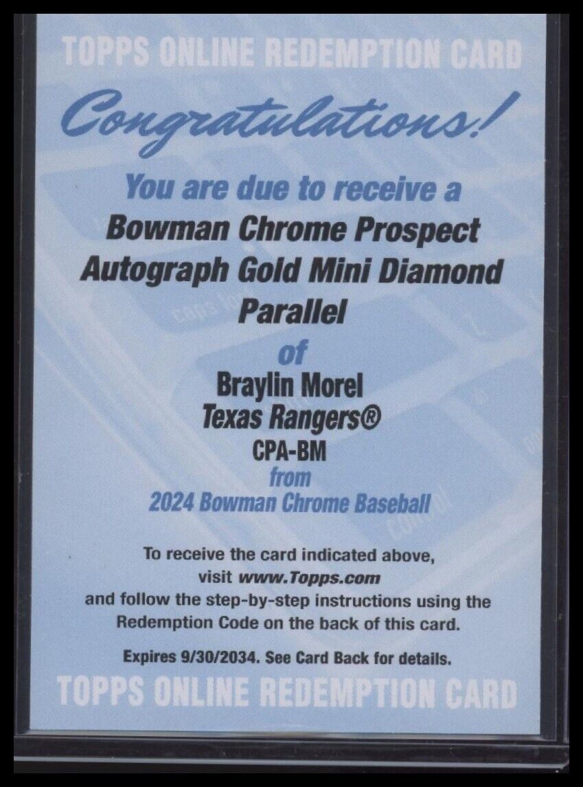 2024 Bowman Chrome Braylin Morel Gold Mini Diamond Refractor Auto /50 Rangers
