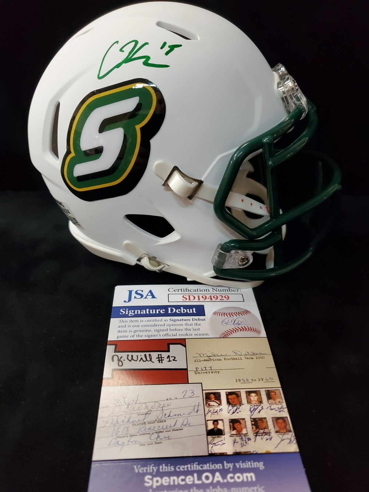 Southeastern Louisiana Lions Cole Kelley Signed Mini Helmet Jsa Coa