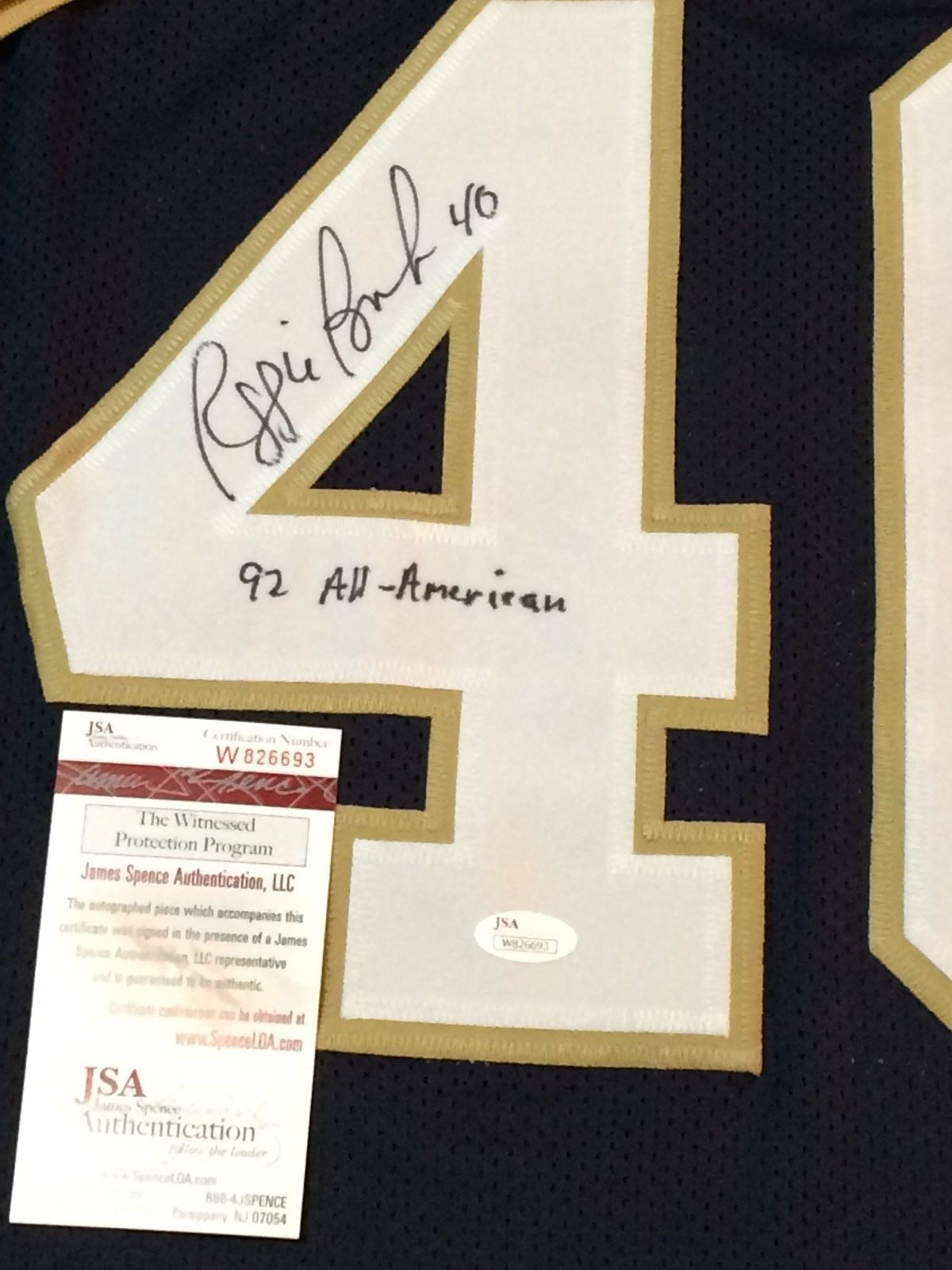 Reggie Brooks Autographed Signed Incscribed Notre Dame Jersey Jsa Coa