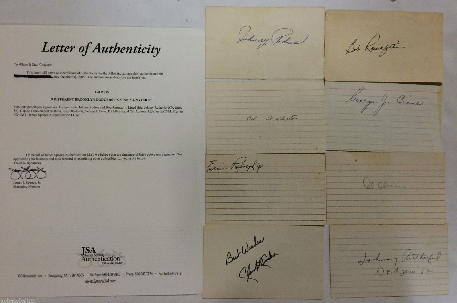 Lot Of Brooklyn Dodgers Autographed Signed 3X5 Cards Jsa Loa Podres And More