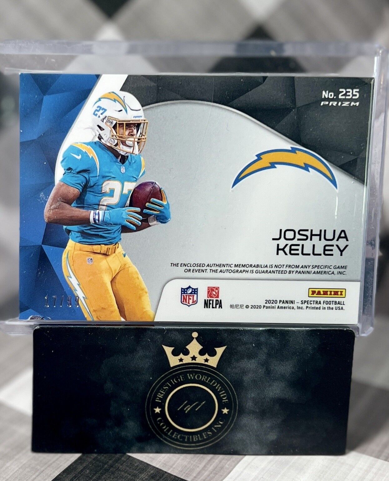 Joshua Kelley 2020 Spectra 3 Color Rookie Patch Auto /99 #235 Chargers RPA SP