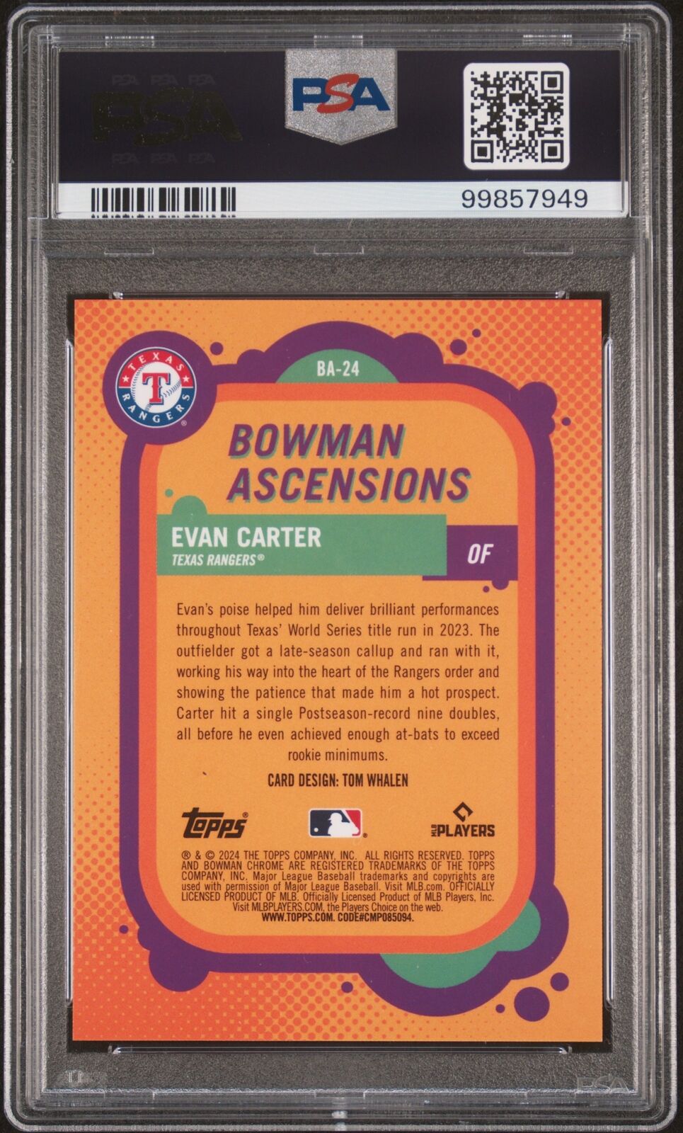 2024 Bowman Chrome Evan Carter /5 Bowman Ascensions-Red Ref PSA 9