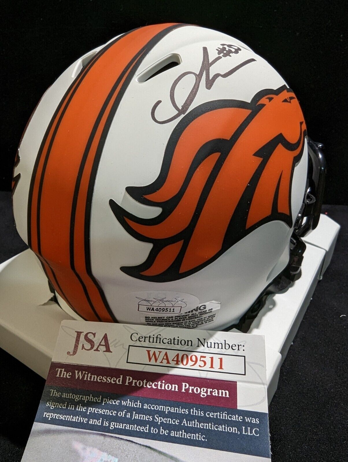 Denver Broncos Caden Sterns Autographed Lunar Mini Helmet Jsa Coa