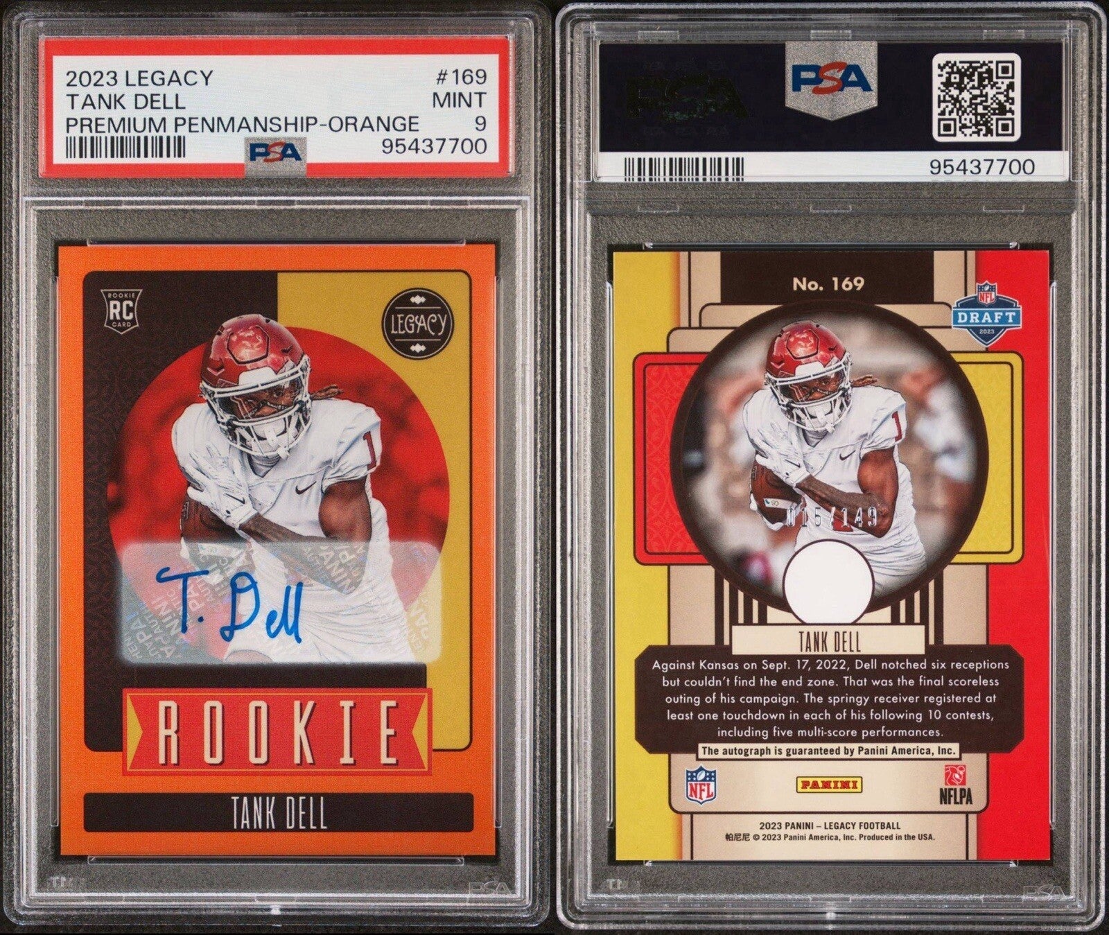 Tank Dell 2023 Legacy Penmanship Orange Rookie Auto /149 PSA 9 #169 Texans RC
