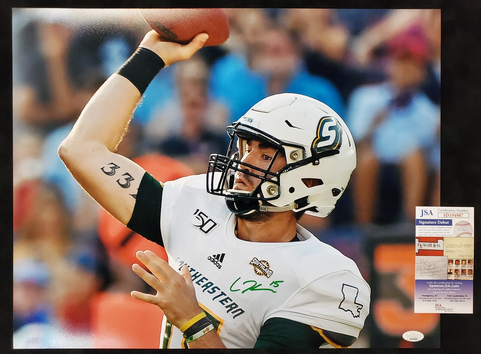 Southeastern Louisiana Lions Cole Kelley Signed 16X20 Photo Jsa Coa