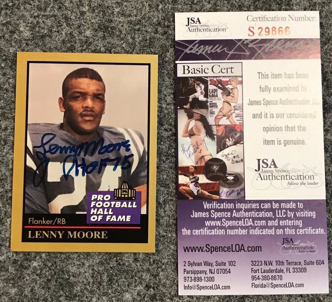 Lenny Moore Autographed Signed Insc Baltimore Colts Hall Of Fame Card Jsa Coa