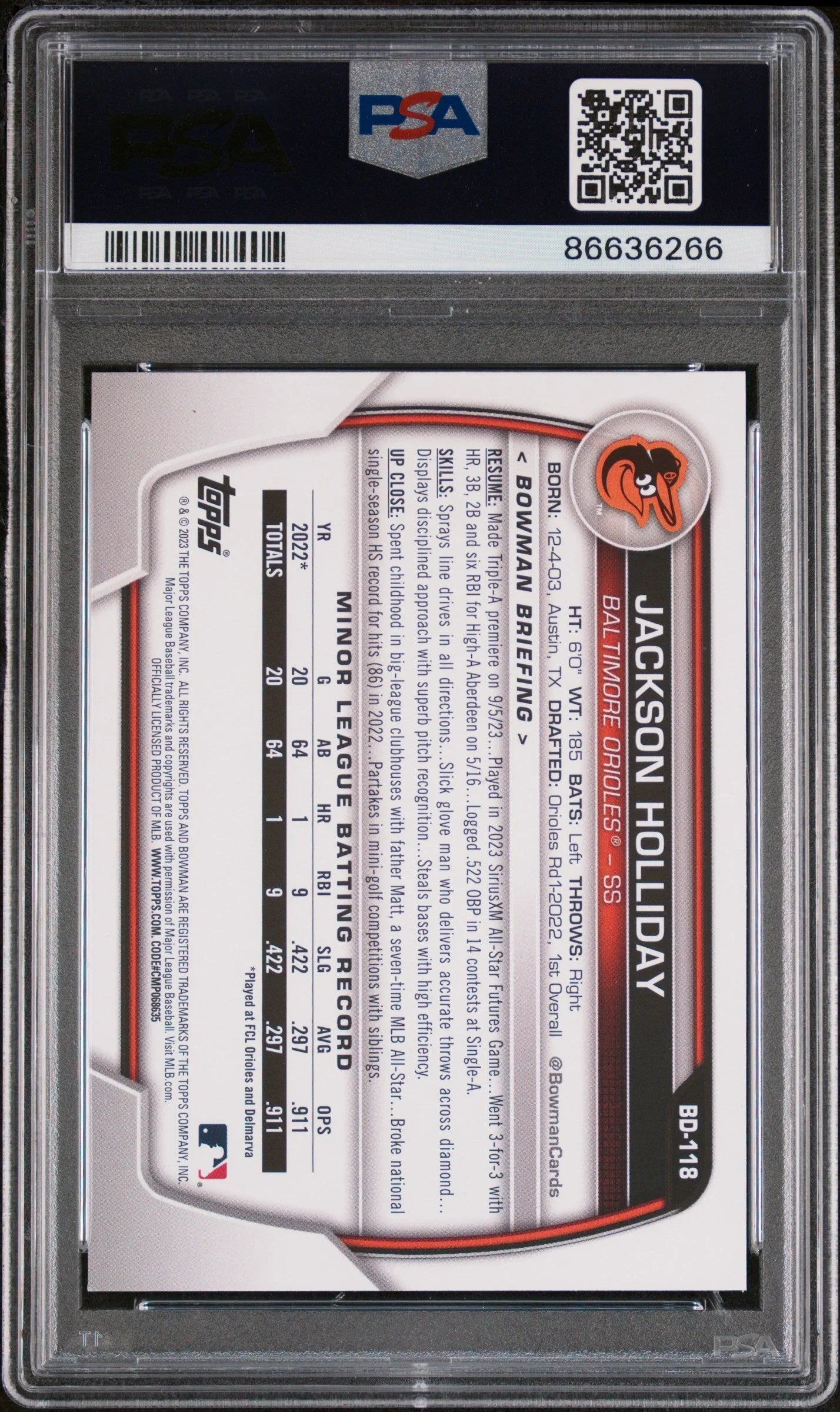 2023 BOWMAN DRAFT JACKSON HOLLIDAY #BD118 - PSA 9 ROOKIE CARD