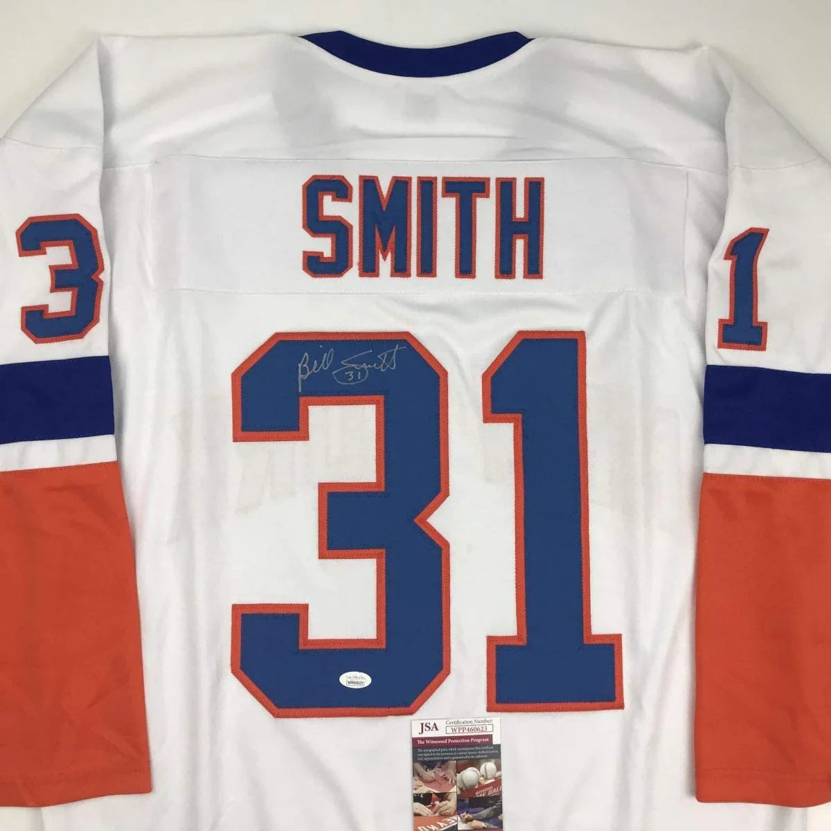 Autographed/Signed Billy Smith New York White Hockey Jersey JSA COA