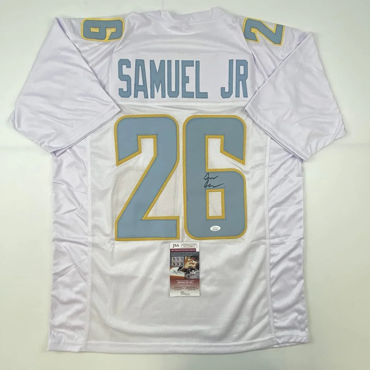 Autographed/Signed Asante Samuel Jr. Los Angeles LA White Football Jersey JSA COA