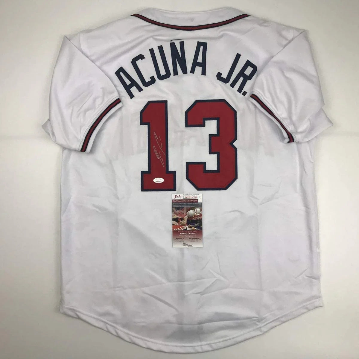 Autographed/Signed Ronald Acuna Jr. Atlanta White Baseball Jersey JSA COA
