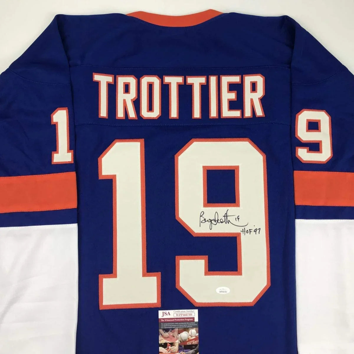 Autographed/Signed Bryan Trottier HOF 97 New York Blue Hockey Jersey JSA COA