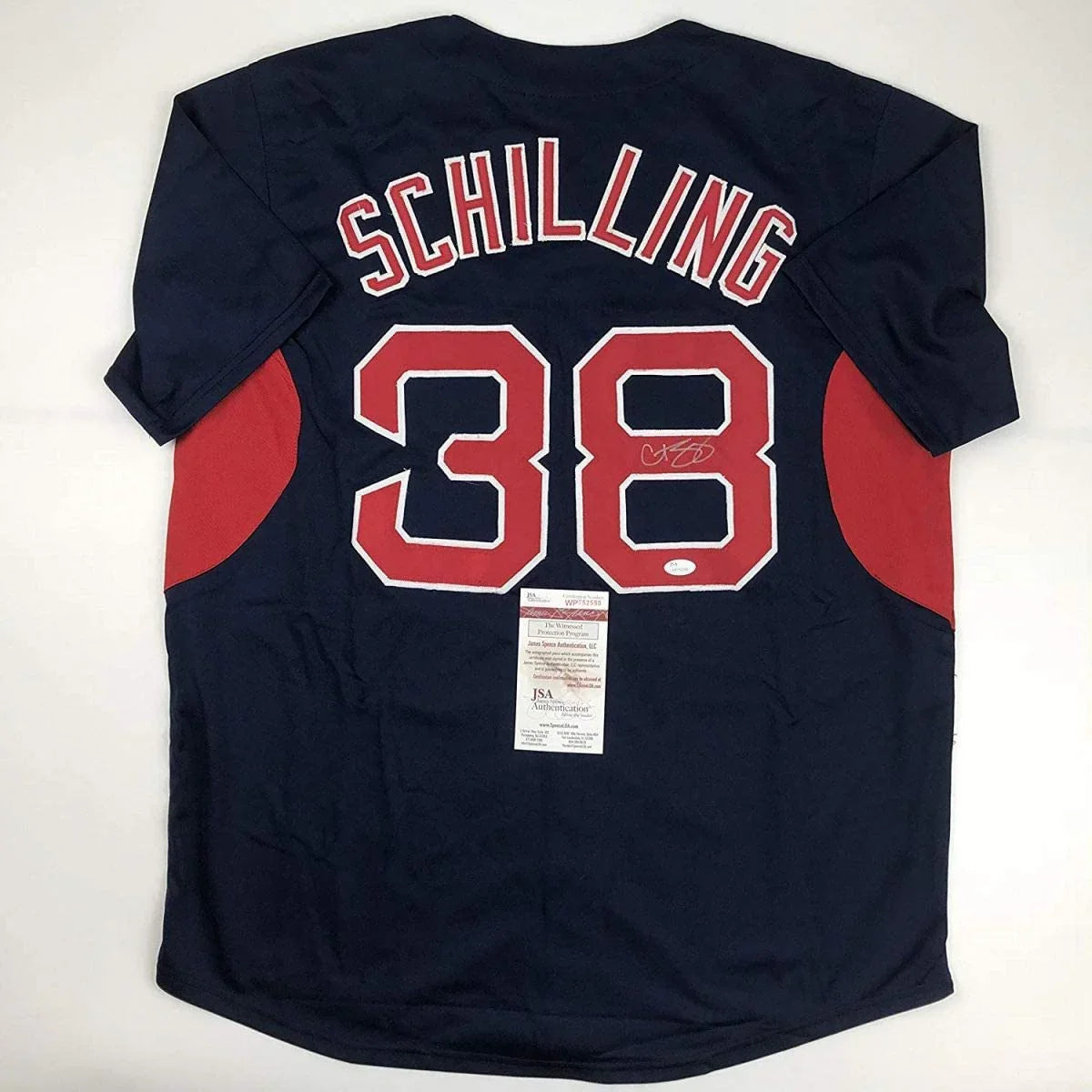 Autographed/Signed Curt Schilling Boston Blue Baseball Jersey JSA COA