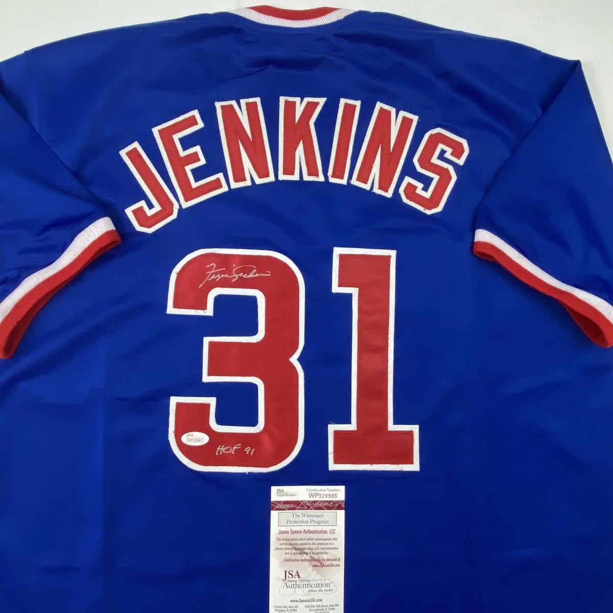 Autographed/Signed Ferguson Fergie Jenkins HOF 91 Chicago Blue Baseball Jersey JSA COA