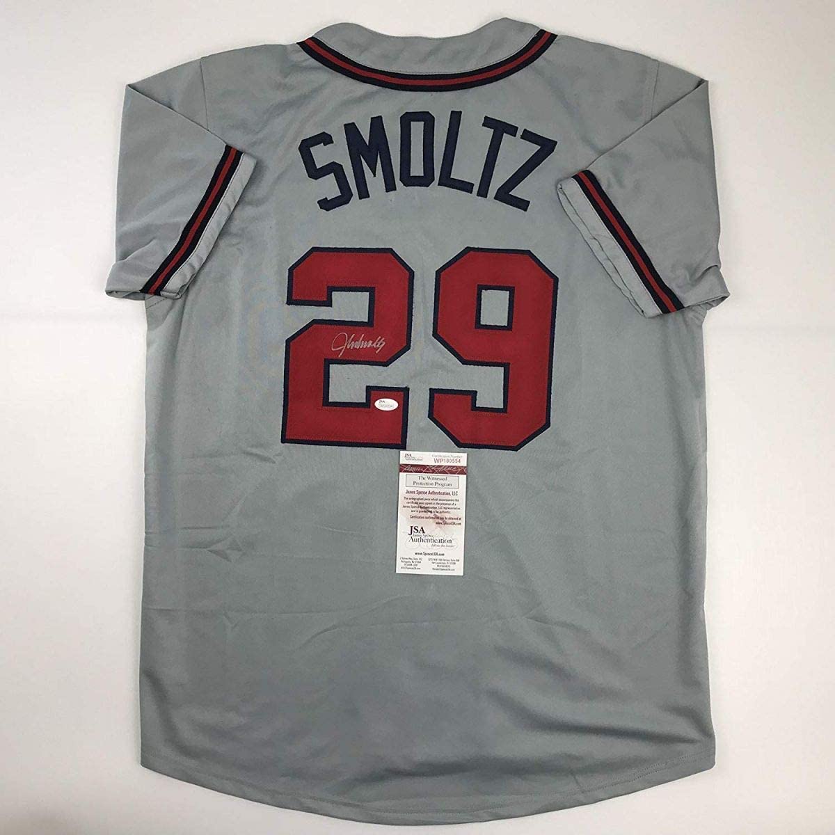 Autographed/Signed John Smoltz Atlanta Grey Baseball Jersey JSA COA