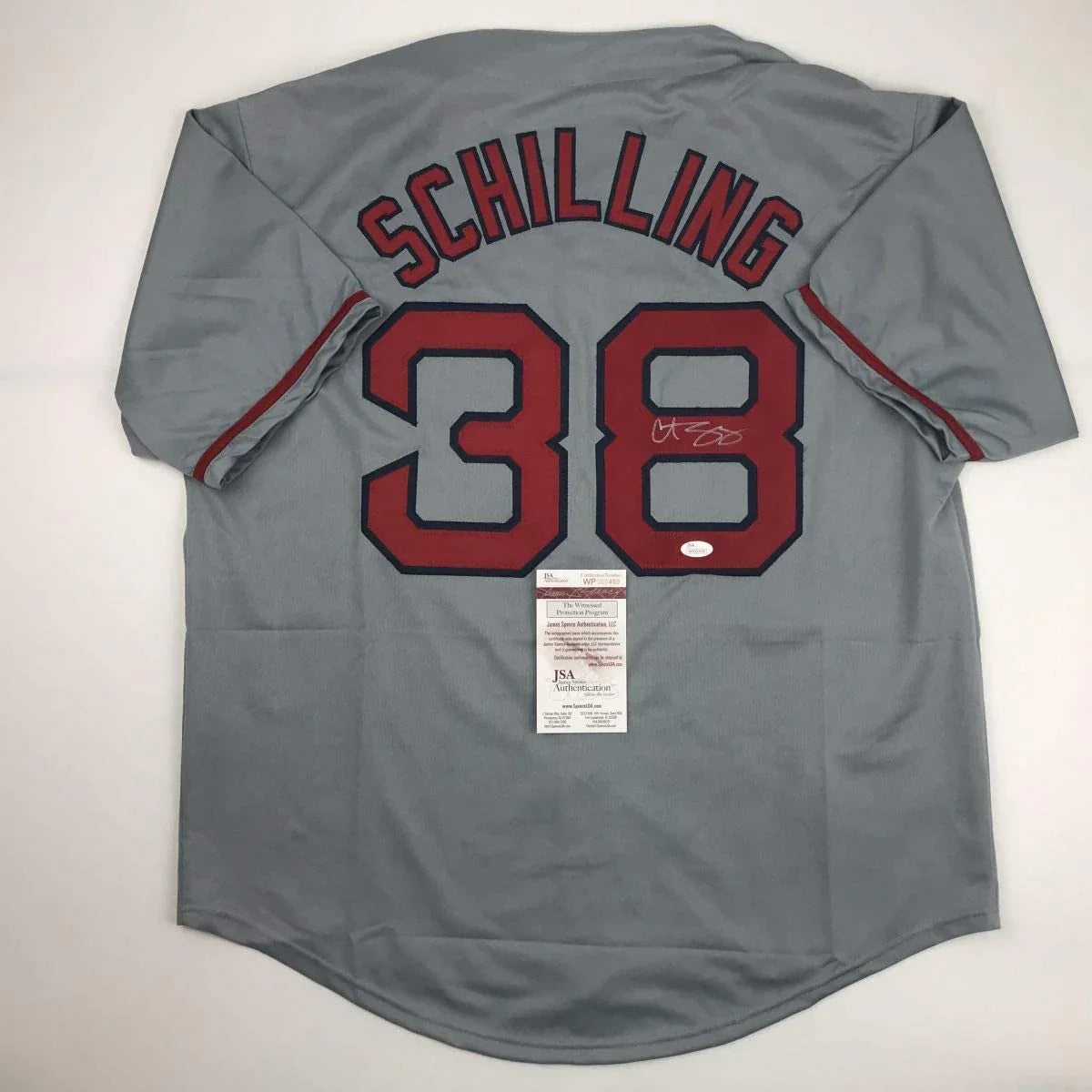 Autographed/Signed Curt Schilling Boston Grey Baseball Jersey JSA COA