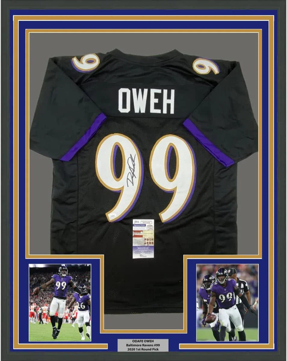 Framed Autographed/Signed Odafe Oweh 35x39 Baltimore Black Football Jersey JSA COA