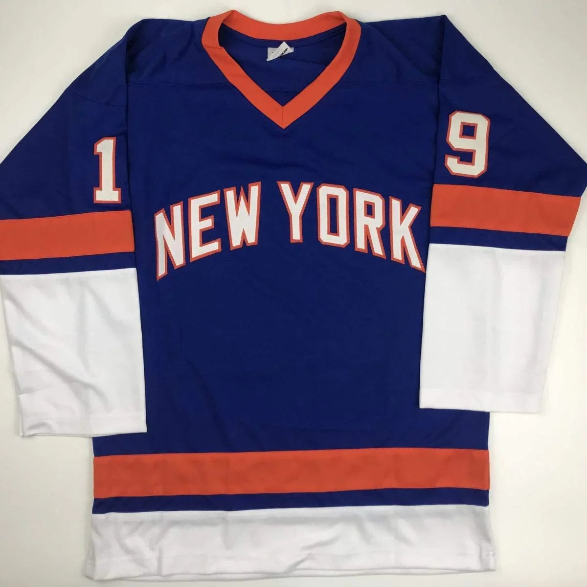 Autographed/Signed Bryan Trottier HOF 97 New York Blue Hockey Jersey JSA COA