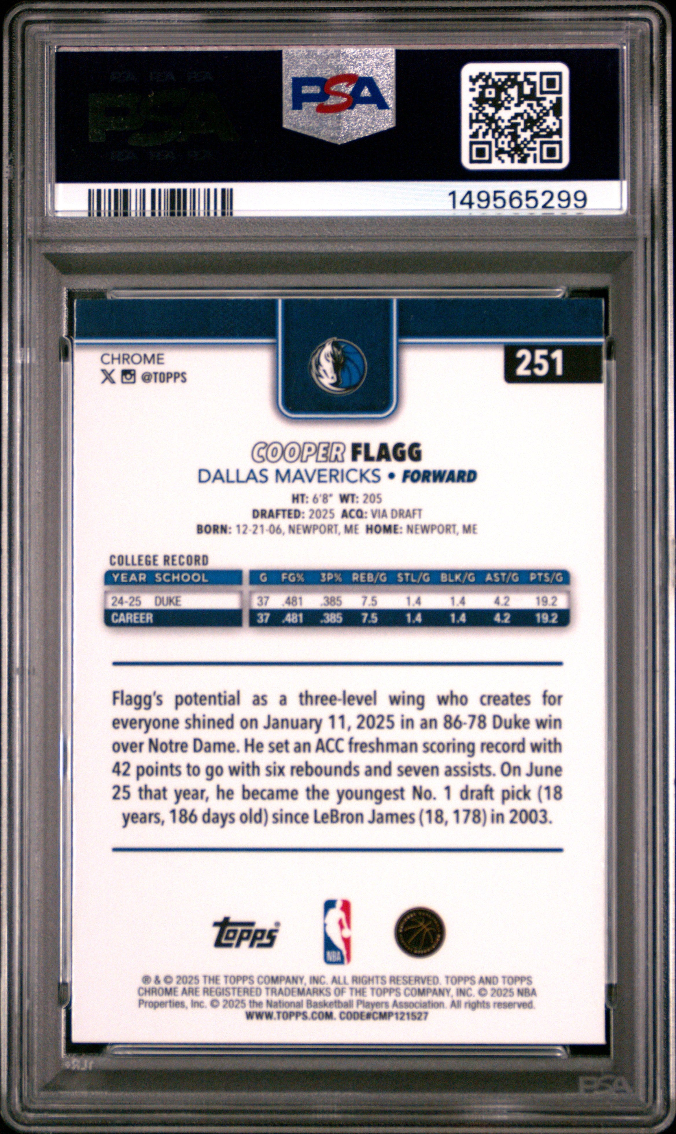 2025 Topps Chrome Cooper Flagg 8 PSA #251