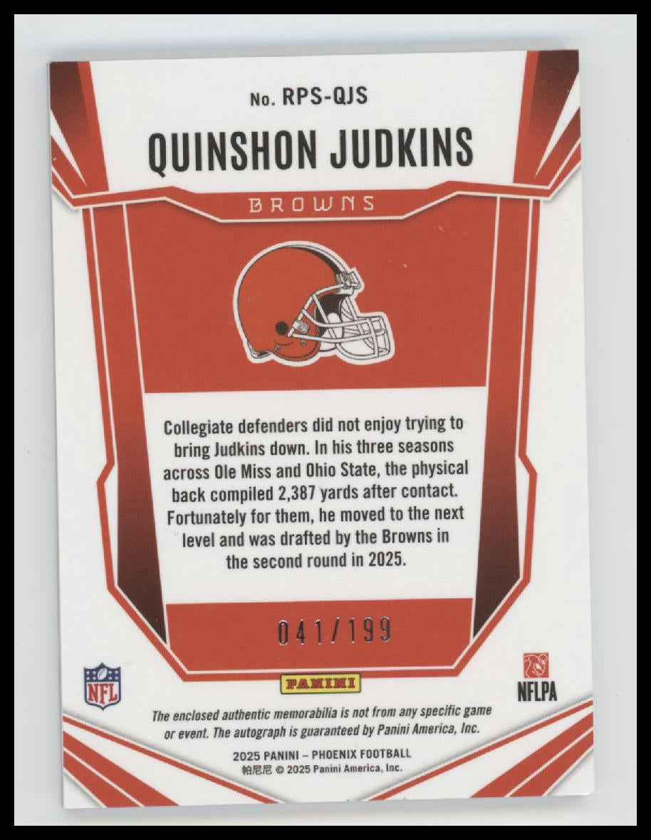 2025 Panini Phoenix RPS Rookie Patch Quinshon Judkins #/199 Auto #RPS-QJS