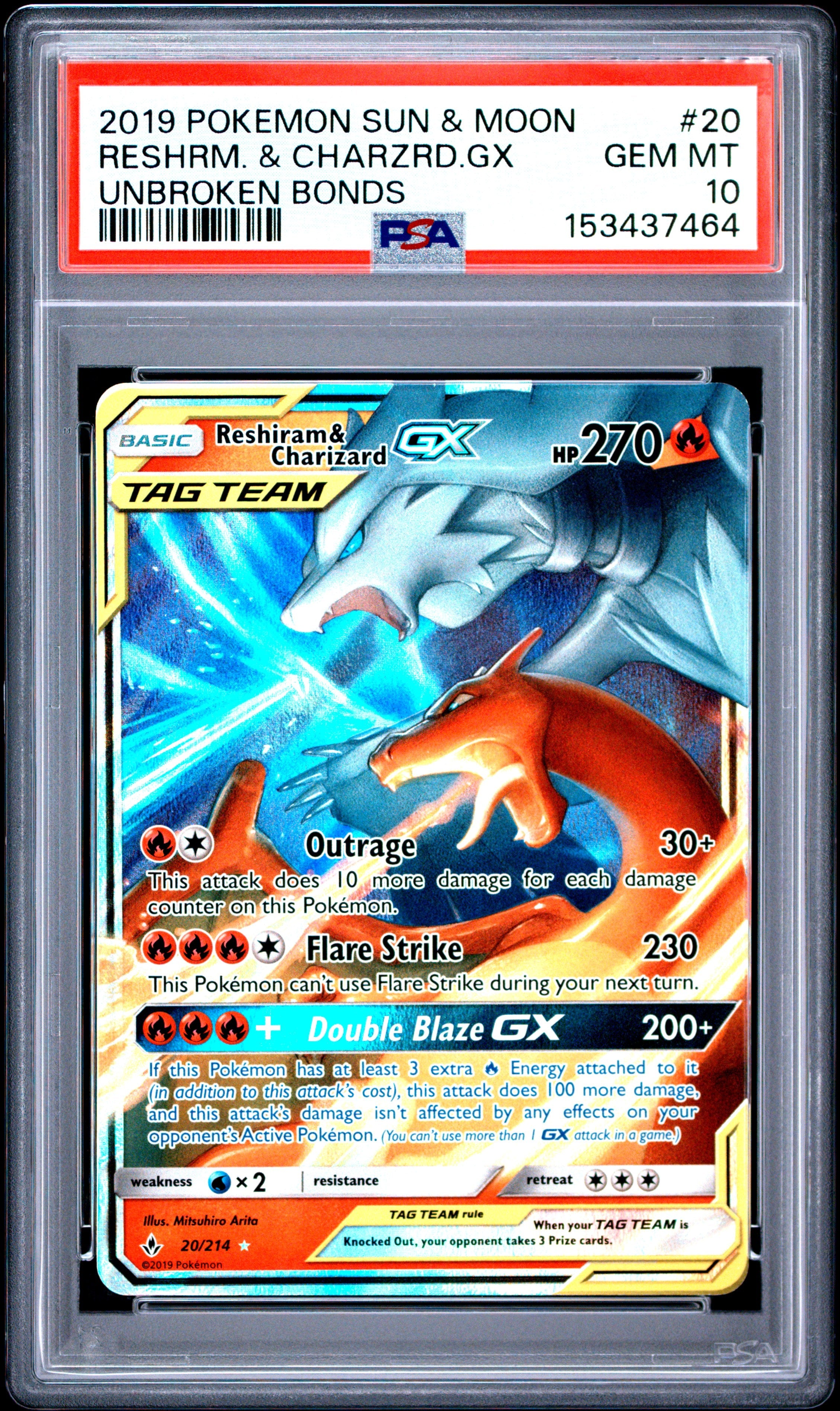 2019 Pokemon Sun & Moon Unbroken Bonds Reshiram & Charizard Gx 10 PSA #20